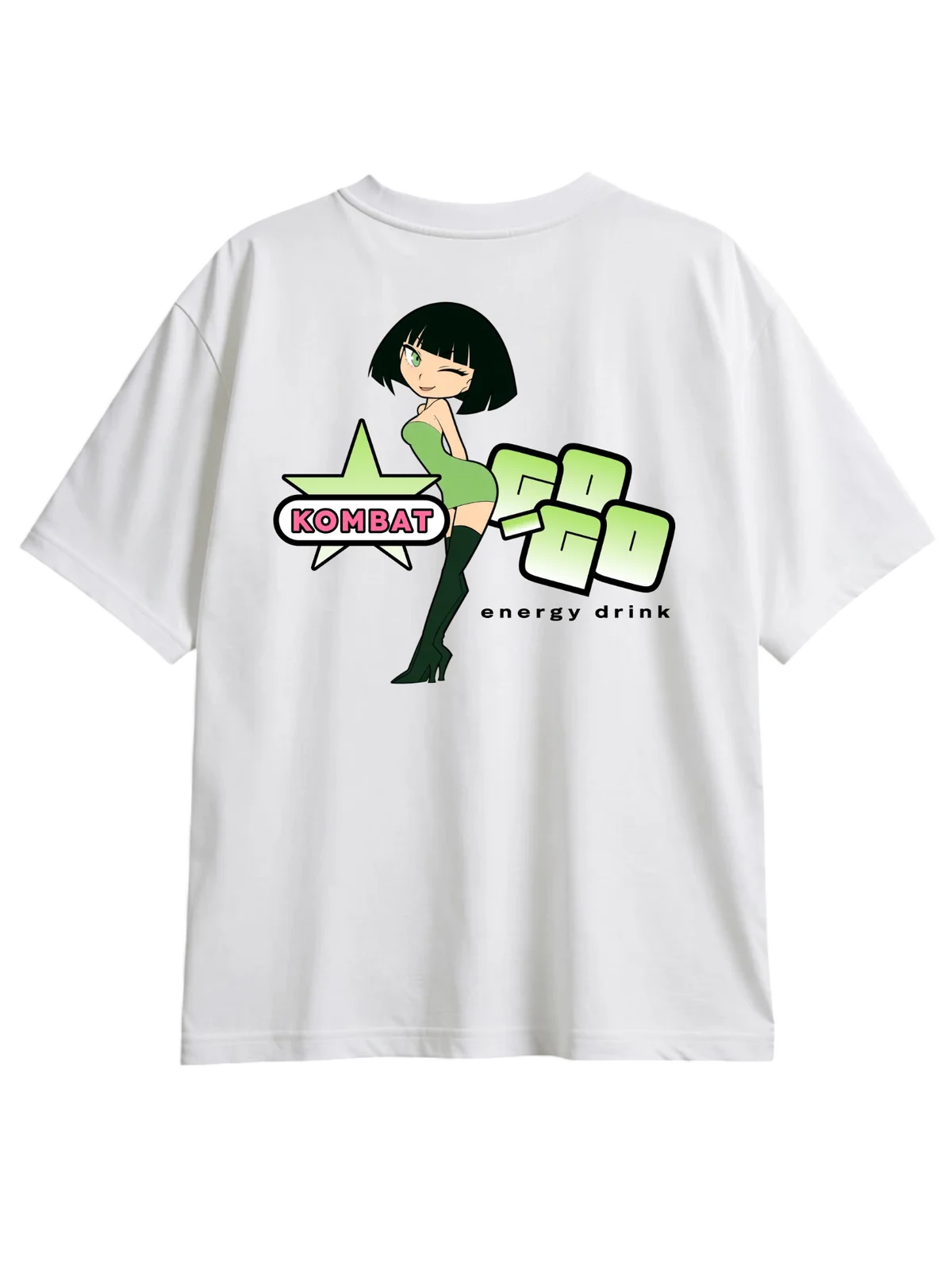 White tee with the Go-Go Kombat mascot, the Kombat star and the Go-Go wordmark