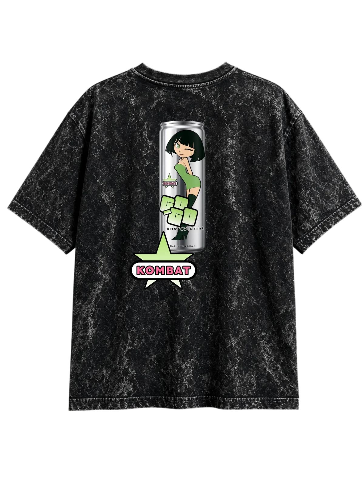 Acid-wash black tee with the silver Go-Go Kombat can