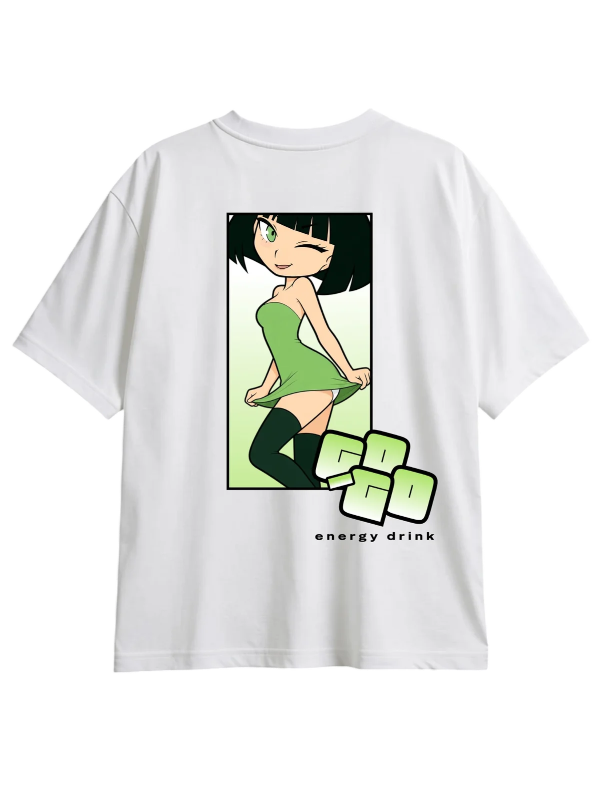 Go-Go Panel, front: white tee with the mascot in a green panel and the Go-Go energy drink wordmark