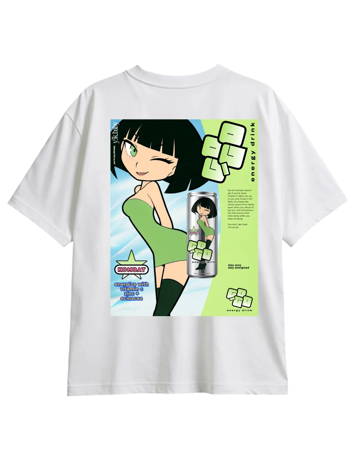 White tee printed with the Go-Go Kombat energy drink ad