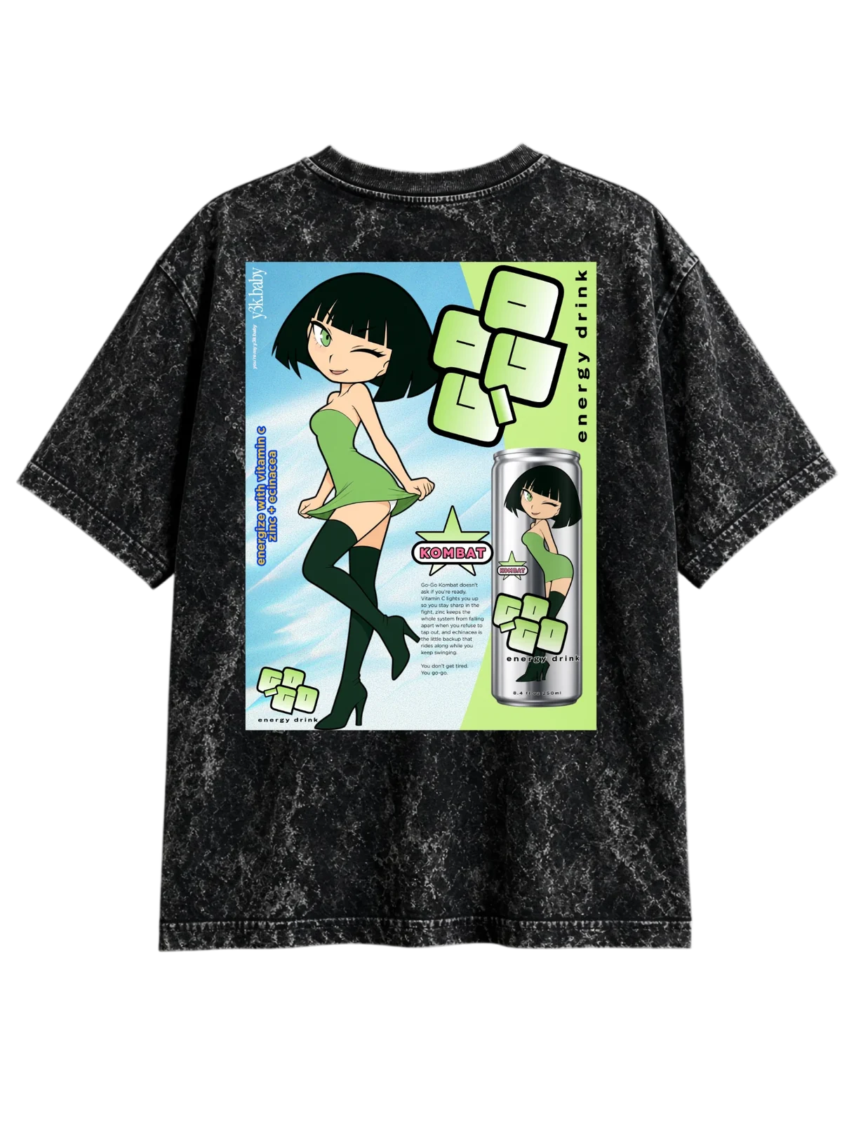 Go-Go Poster 02: acid-wash black tee printed with the full Go-Go Kombat energy drink ad