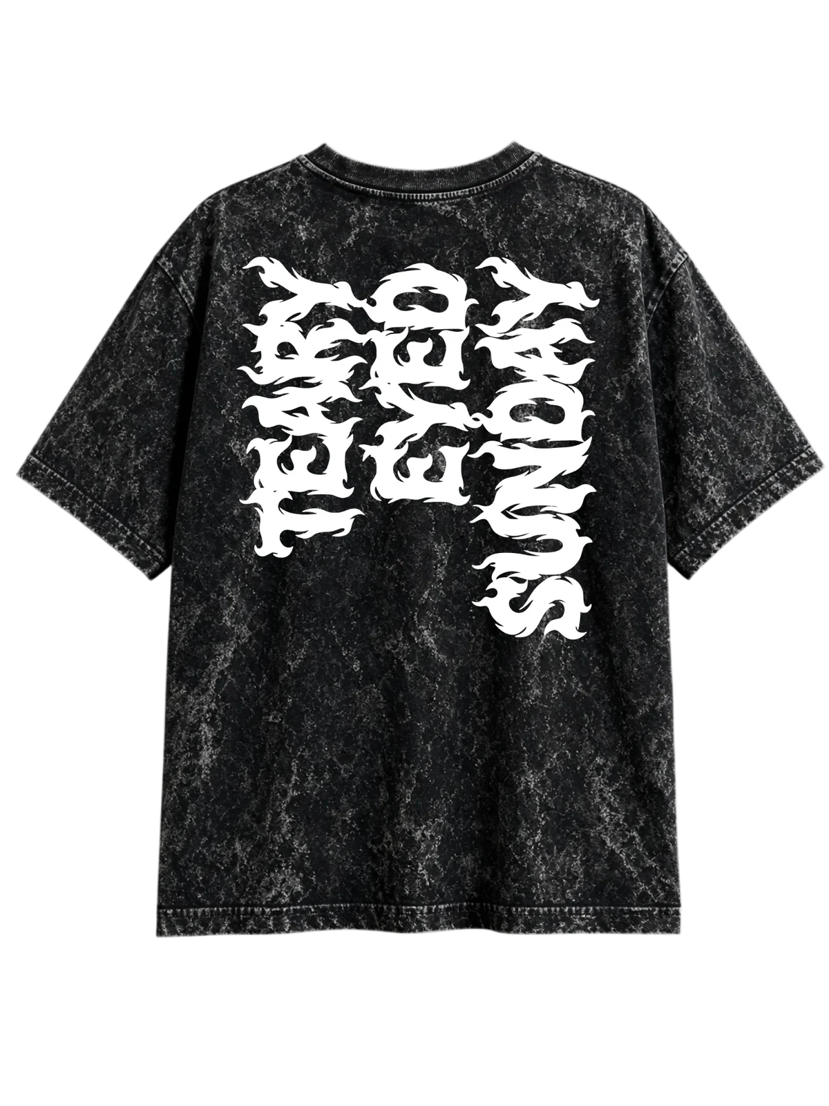 The Eye, back: acid-wash black tee with Teary Eyed Sunday in white flame letters, turned sideways