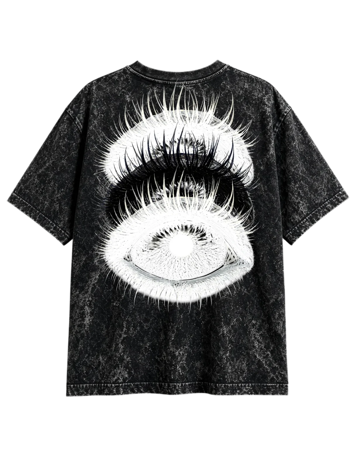 Acid-wash black tee with one huge white eye