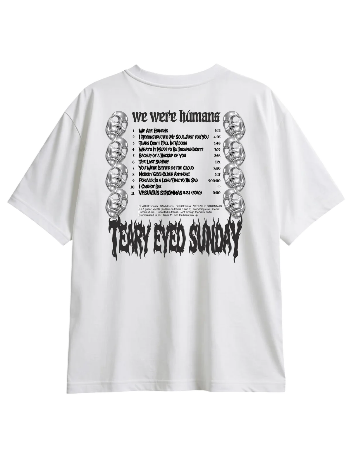 White tee back with the We Were Humans track list