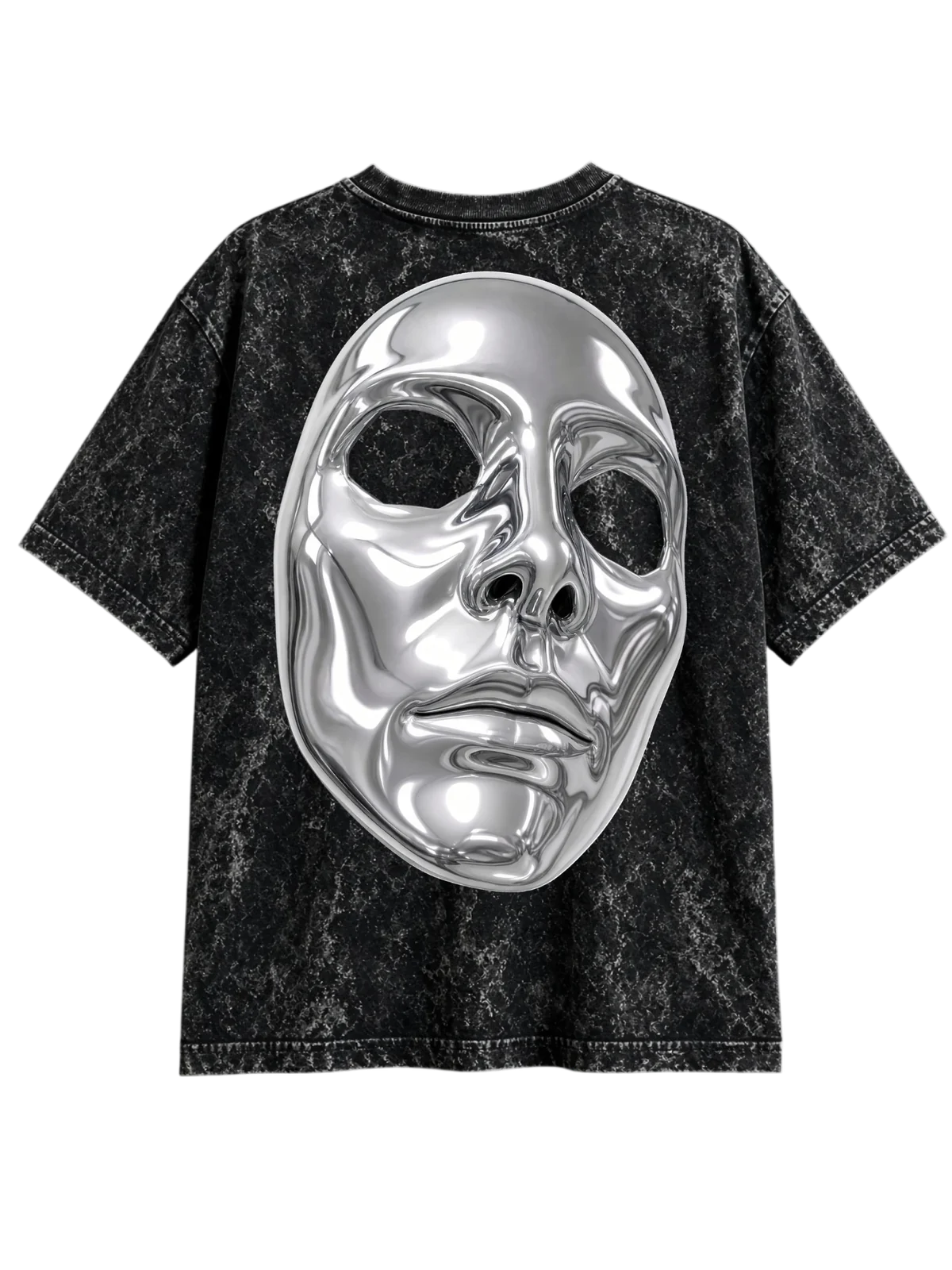Acid-wash black tee with a chrome human face mask