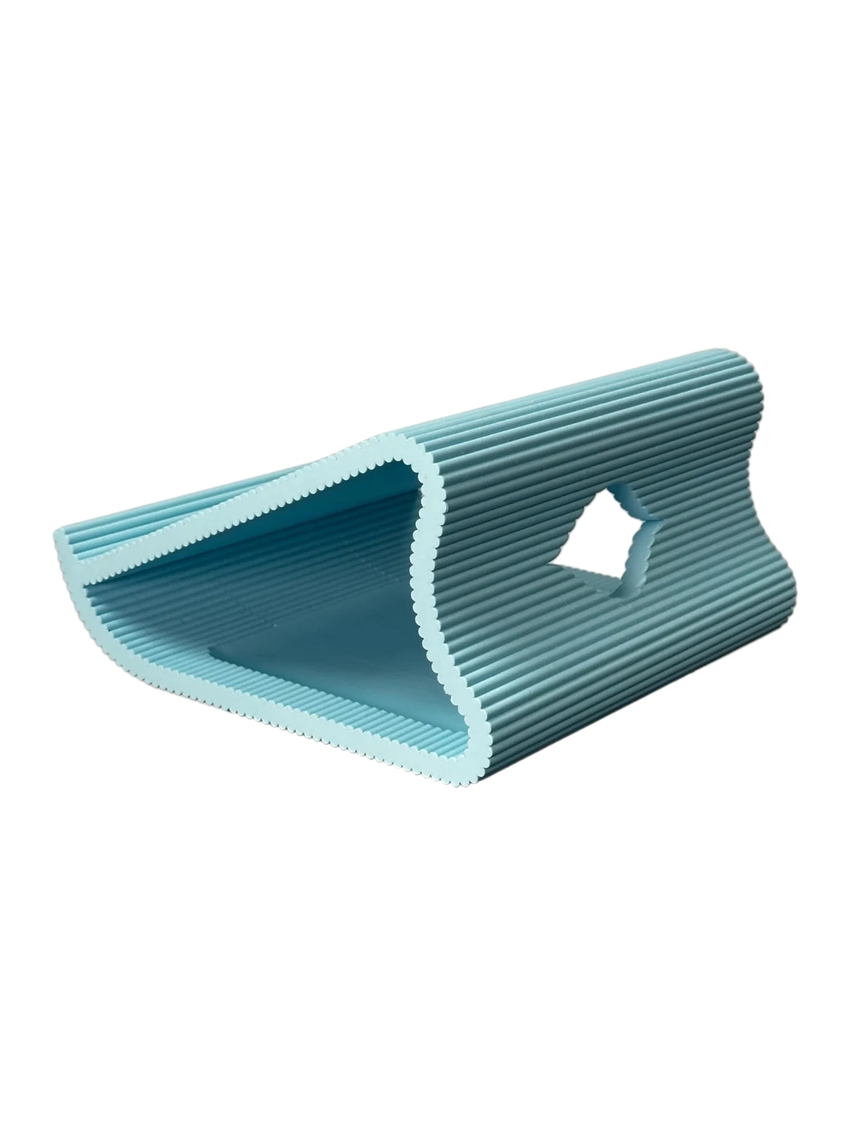 Light blue ribbed laptop stand, seen from the back